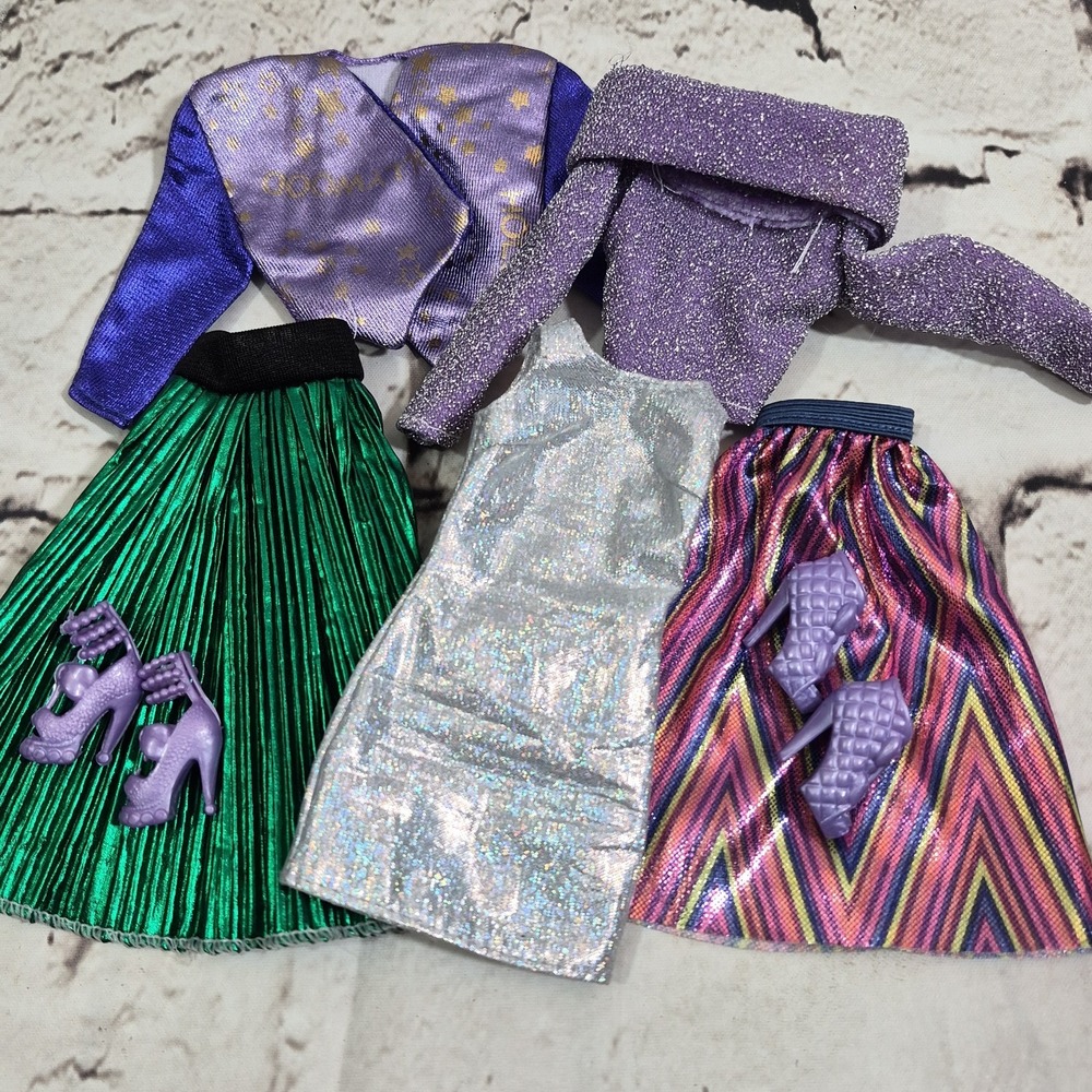 Barbie Doll Clothes Lot Sparkle Shimmer Skirts Tops Dress Purple‎ Shoes
